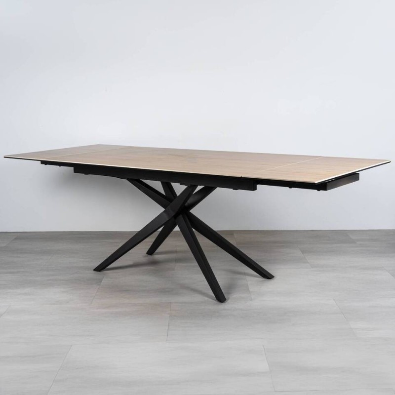 Mesa Talos extensible cerámica efecto madera apertura lateral y patas cruzadas 160/240cm
