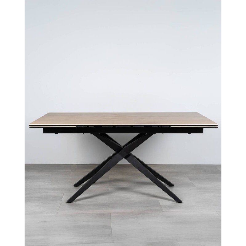 Mesa Talos extensible cerámica efecto madera apertura lateral y patas cruzadas 160/240cm