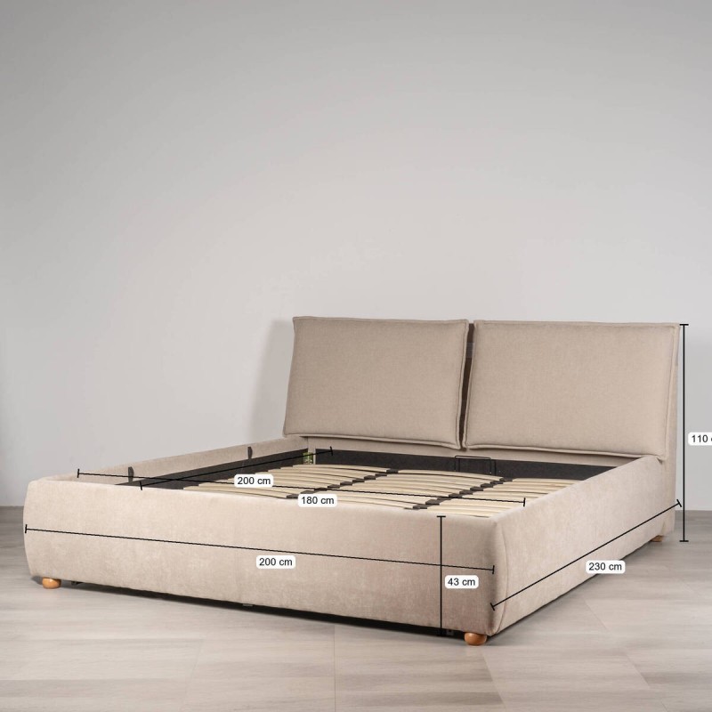 Cama con Canapé Sela Tapizada en Lino Beige para Colchón 180x200 cm