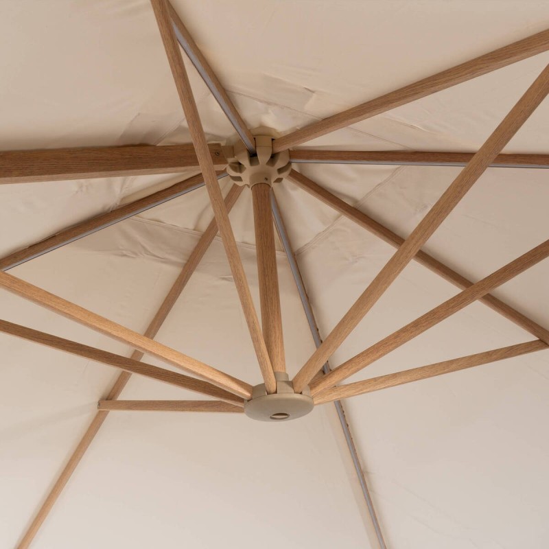Parasol lateral Roma 3×3 m con luz LED solar y acabado efecto madera