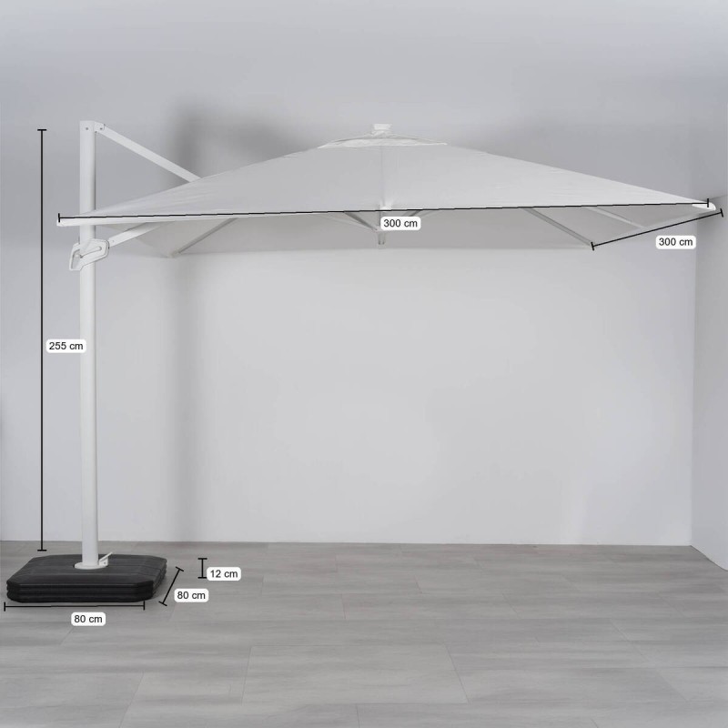 Parasol lateral Roma 3×3 m blanco con lona blanco roto y luz LED