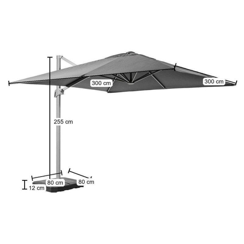 Parasol lateral Roma 3×3 m gris claro con base y funda