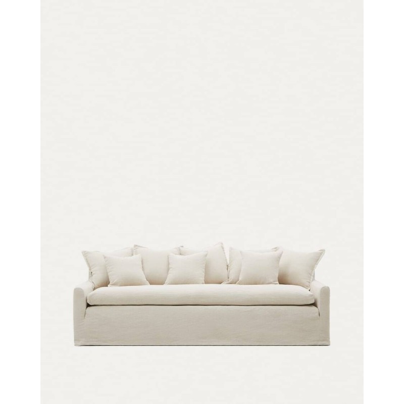 Sofá desenfundable Zenira 3 plazas con cojines de algodón y lino beige 230 cm