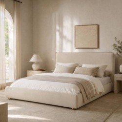 Cama con canapé Varen Tapizada en Chenilla Beige para colchón 180x200 cm