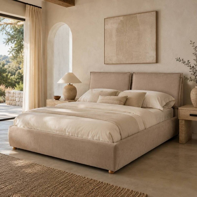 Cama con Canapé Abatible Sela Tapizada en tejido Beige para Colchón 180x200 cm