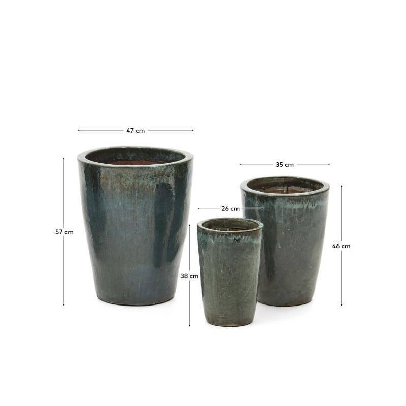 SET ROTJA DE 3 MACETEROS DE TERRACOTA CON ACABADO AZUL GLASEADO