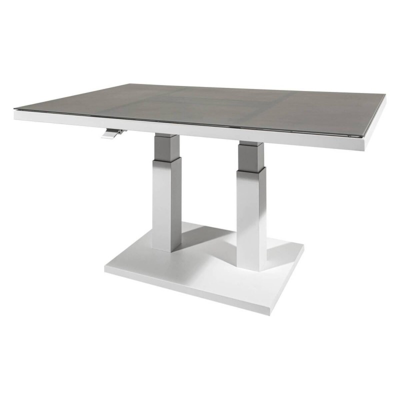 Mesa de centro elevable aluminio blanco tapa cristal gris 140x85x49/72cm