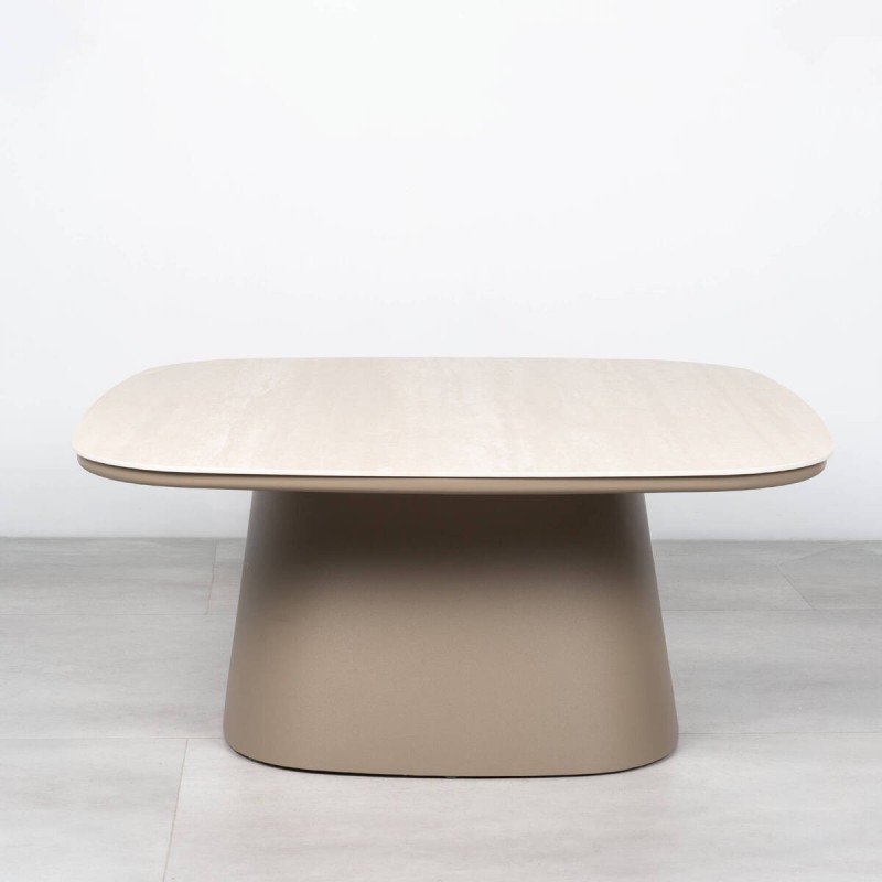Mesa de Centro Roma Cerámica Efecto Travertino y Aluminio Taupe 90 cm