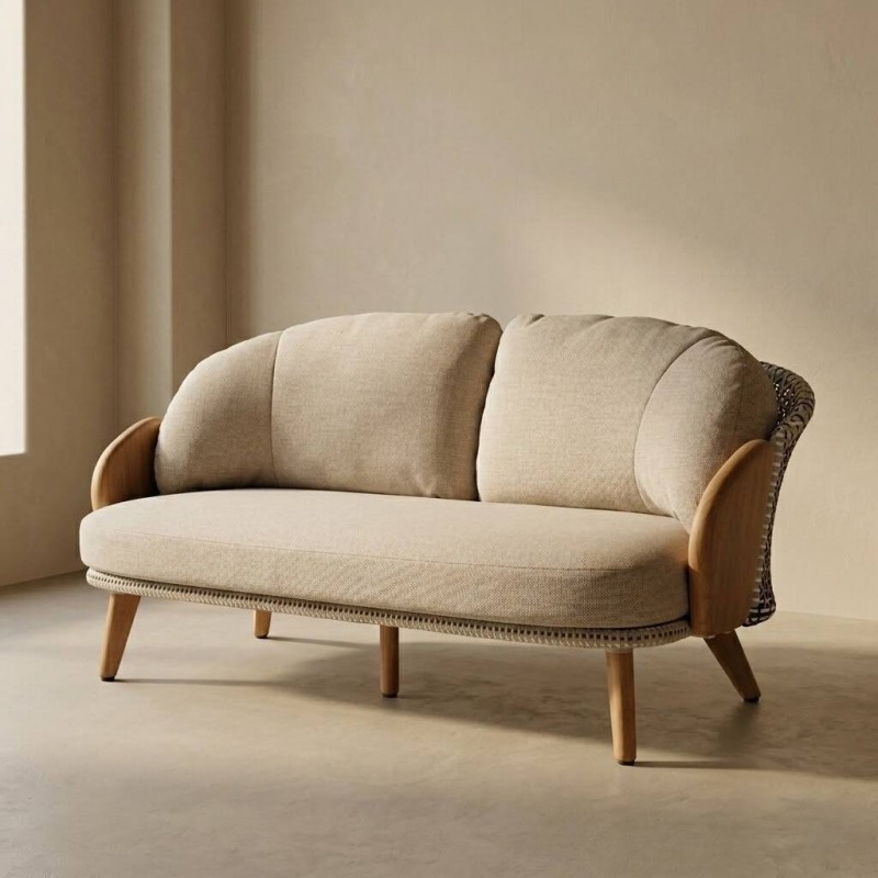 SOFÁ 2 PLAZAS VOLGA RATÁN BLANCO Y NEGRO - BRAZOS MADERA DE TECA 90x52x73cm