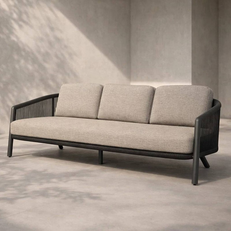 Sofá Lira de exterior 3 plazas de aluminio carbón y cojín gris 210x89x80cm