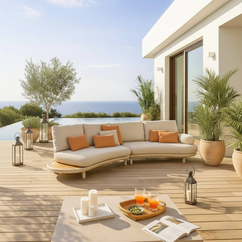Sofá curvado de terraza Cloud 2 módulos en aluminio moka con mesa lateral de teca