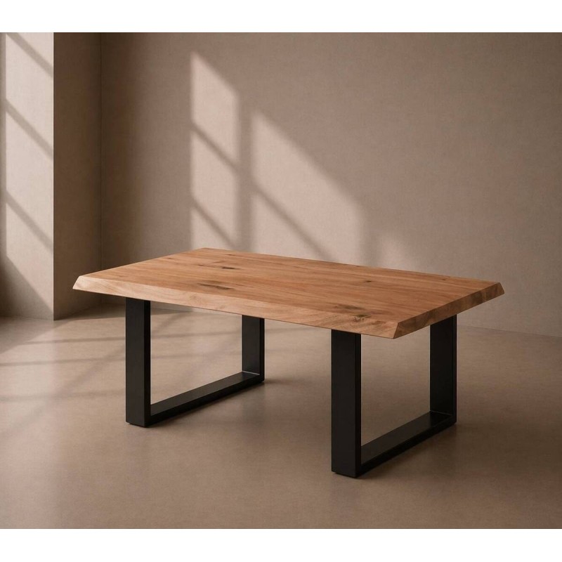MESA DE CENTRO EN MADERA MACIZA DE ACACIA Y PATAS METÁLICAS NEGRAS (110x60x40cm)
