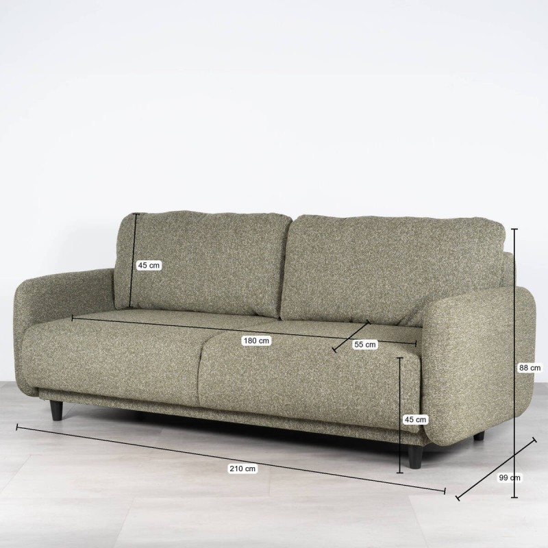 Sofá Cama Orinoco Tapizado en Verde Oliva 3 Plazas 210 cm