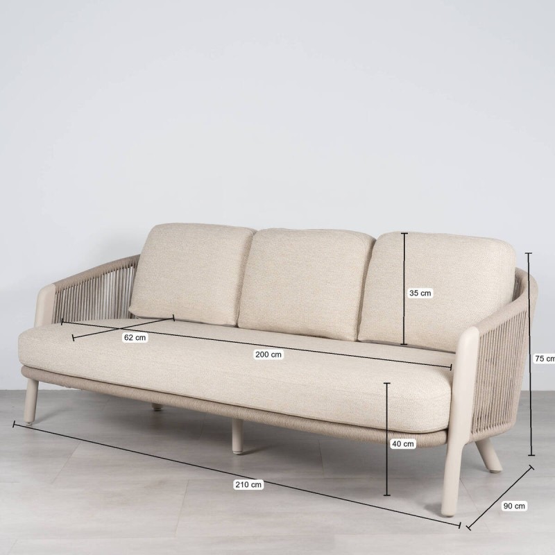 Sofá de Exterior 3 Plazas Haven con Cuerda Olefín y de Aluminio Mocca 210 cm