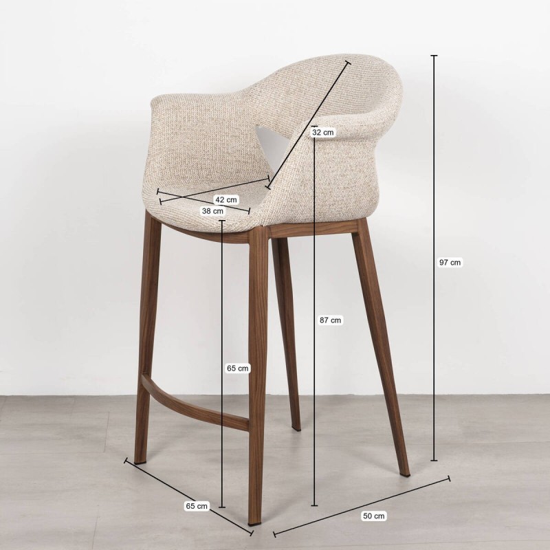 Taburete de Bar Maroni Tapizado en Beige con Patas Metal acabado Madera Nogal