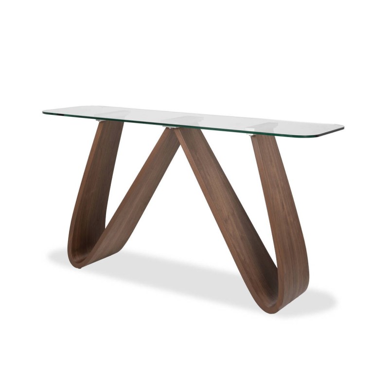 Consola wavy de chapa de haya chapada en nogal con tapa de cristal 140x40x75cm