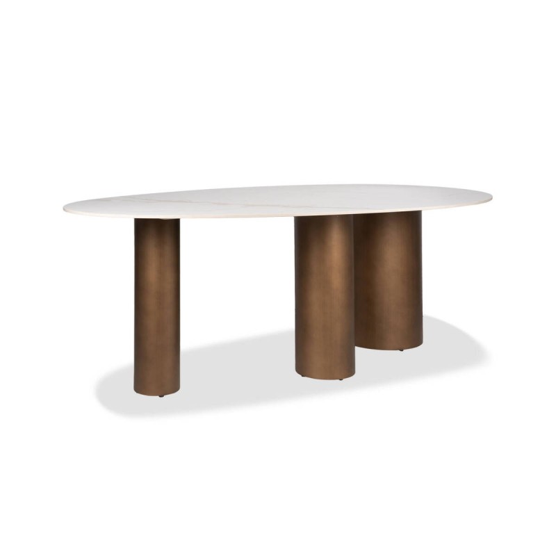 Mesa alina ovalada cerámica con patas cilíndricas en bronce cepillado 220x110x76cm