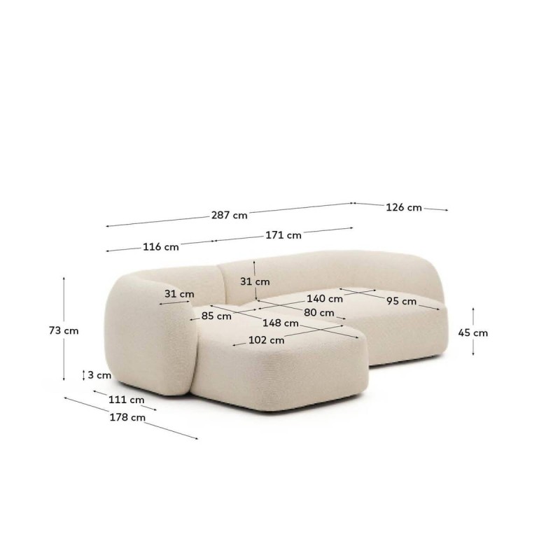 Sofá modular Martina 3 plazas de chenilla con chaise longue izquierdo color crudo 287 cm.