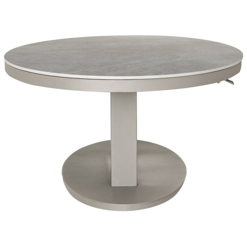 Mesa de centro elevable ovalada de aluminio gris y tapa de cristal piedra 150x90x51/72cm