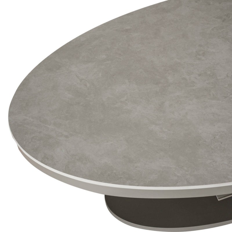 Mesa de centro elevable ovalada de aluminio gris y tapa de cristal piedra 150x90x51/72cm