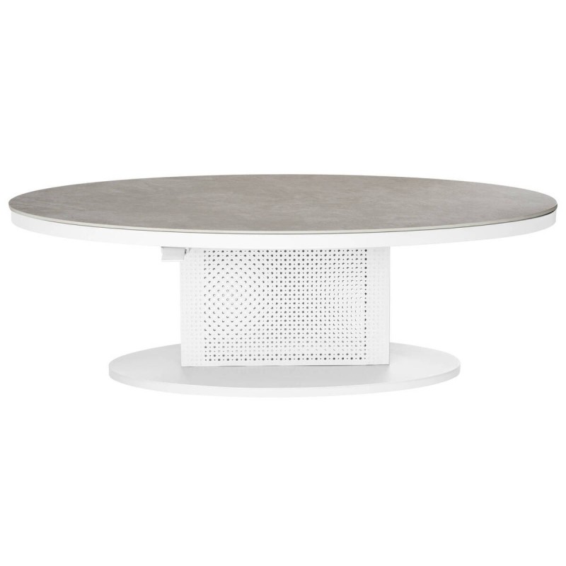 Mesa de centro elevable ovalada de aluminio blanco y tapa de cristal piedra 150x90x51/72cm
