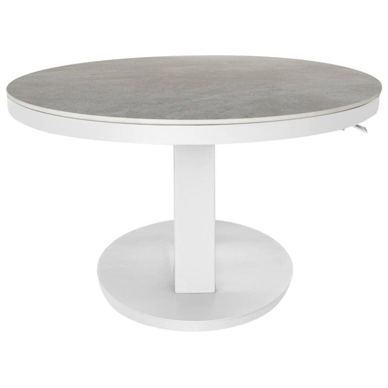 Mesa de centro elevable ovalada de aluminio blanco y tapa de cristal piedra 150x90x51/72cm
