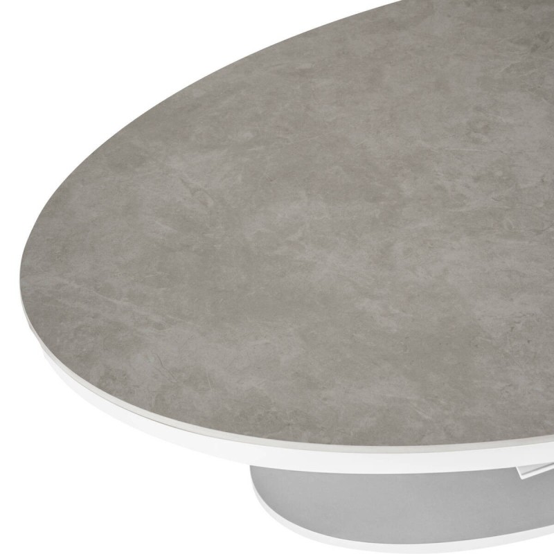 Mesa de centro elevable ovalada de aluminio blanco y tapa de cristal piedra 150x90x51/72cm