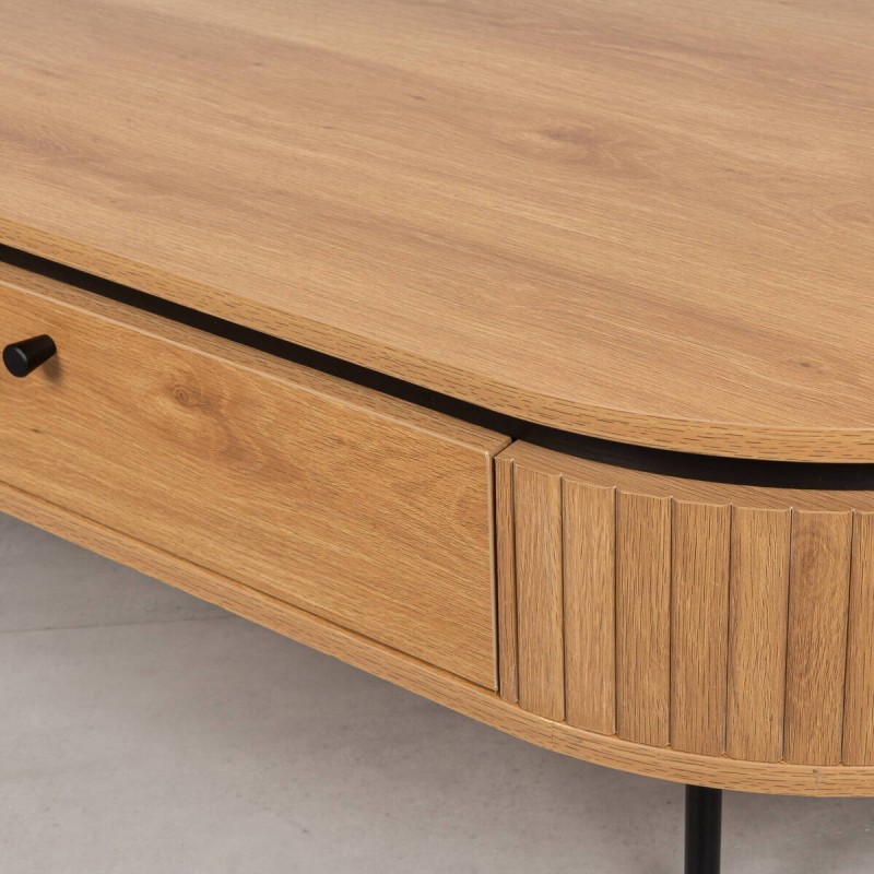 Mesa de Centro Duna de Ovalada Color Roble y Patas de Metal Negro 120cm