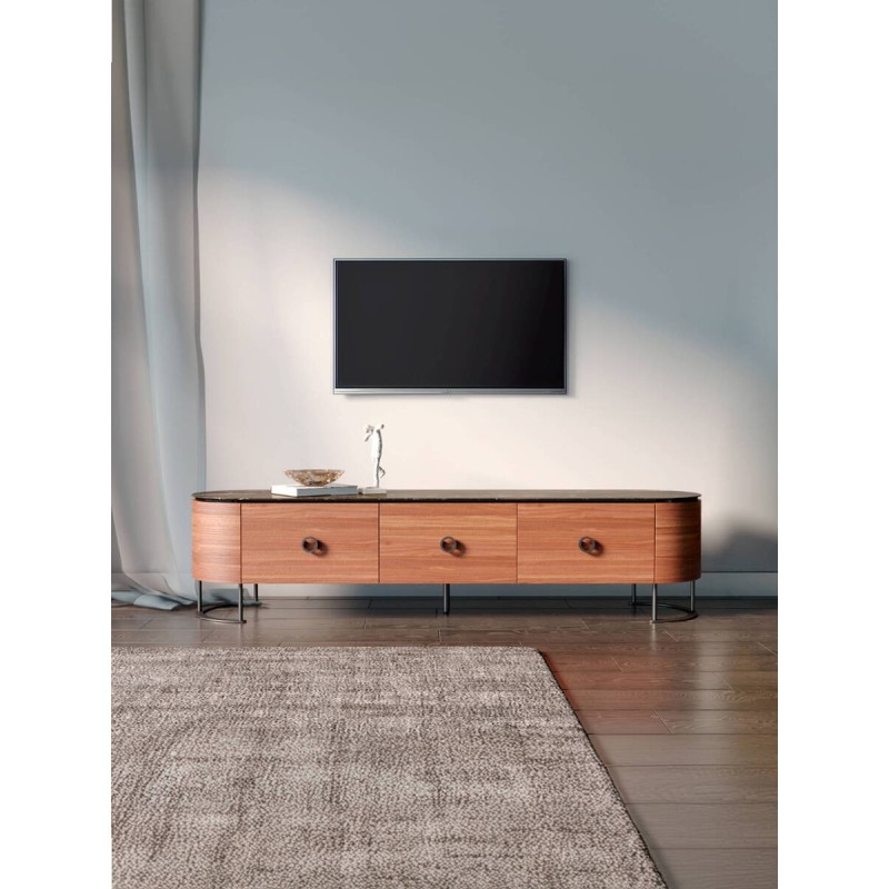 Mesa de tv de chapa de nogal con tapa de cerámica y base de hierro 200x47x47cm