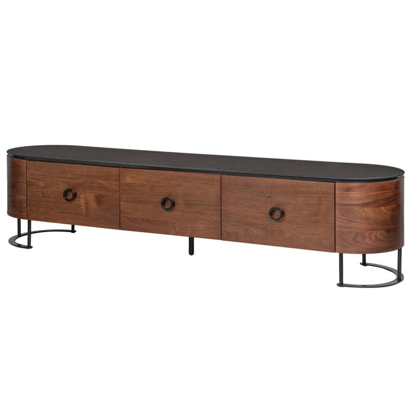 Mesa de tv de chapa de nogal con tapa de cerámica y base de hierro 200x47x47cm