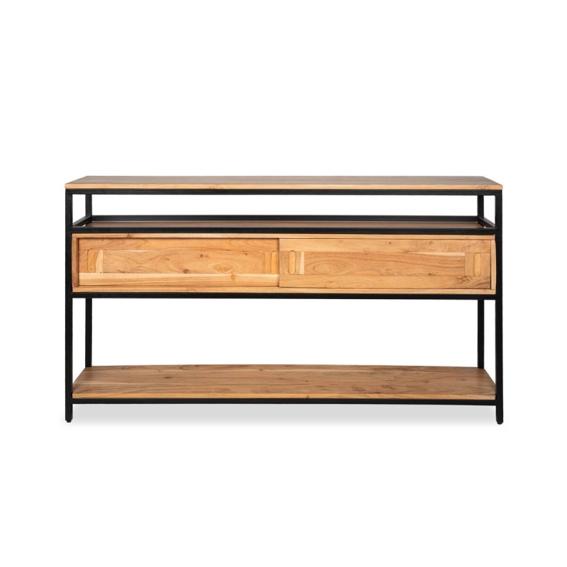 Acacia wood and black metal frame console table, 140x30x80cm