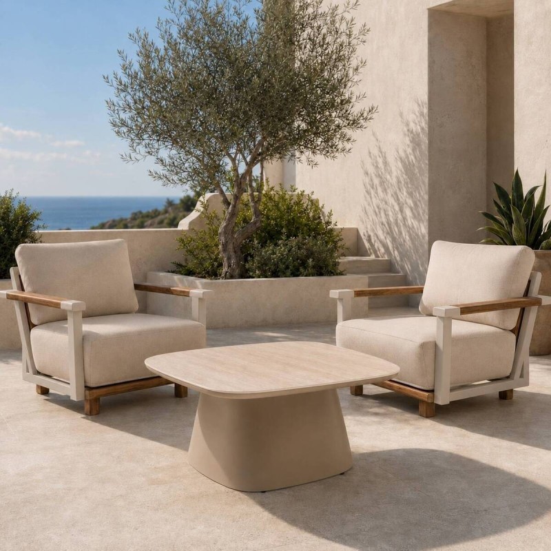 Roma Coffee Table, Ceramic Travertine Effect and Taupe Aluminum, 90 cm