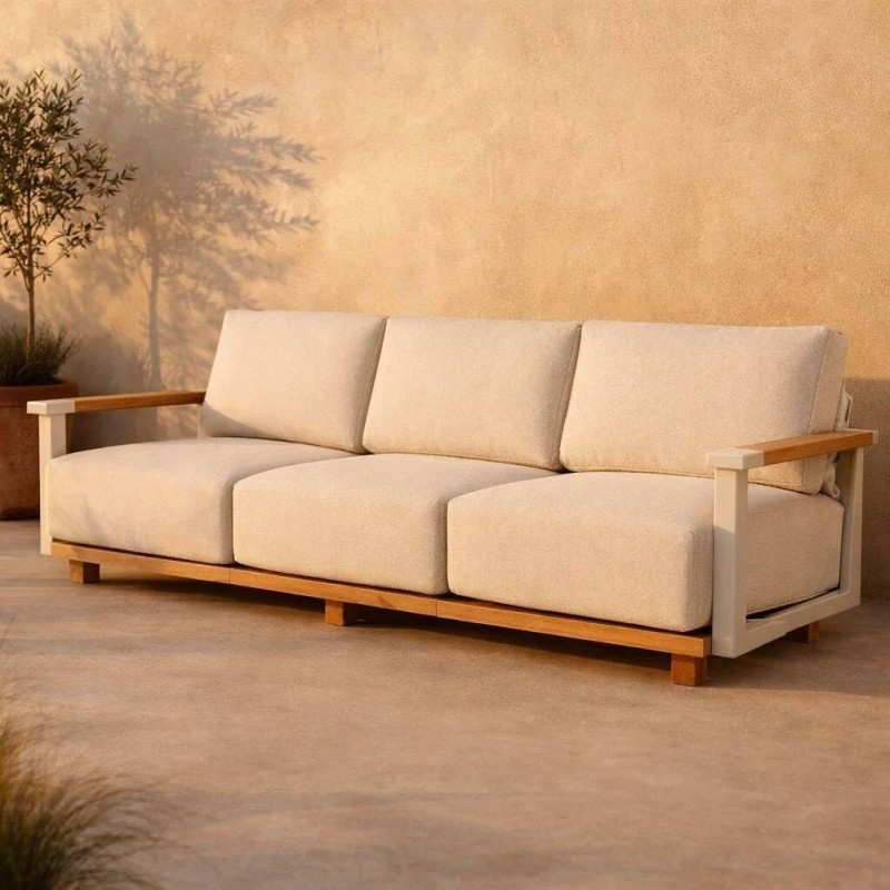 Sofá Rio de exterior 3 plazas de aluminio beige y madera de teca con respaldo de polipiel