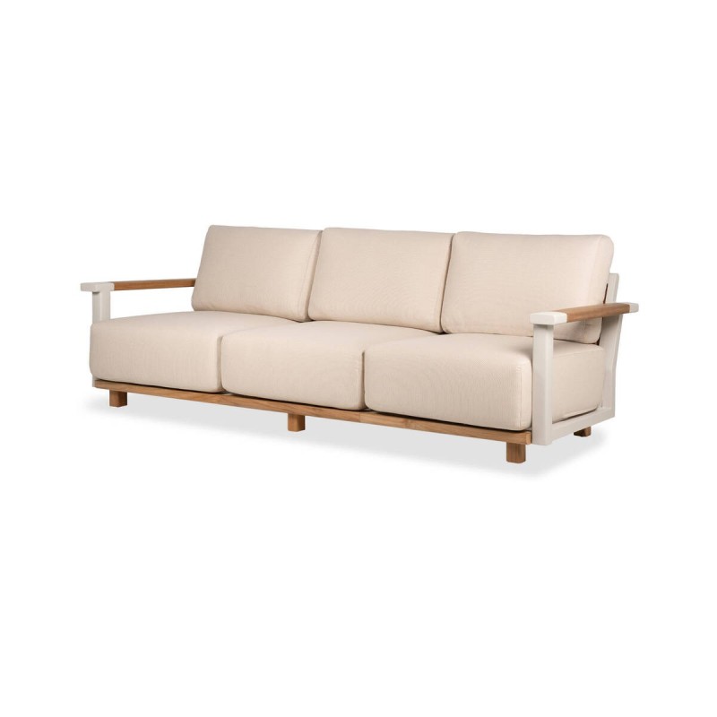 Sofá Rio de exterior 3 plazas de aluminio beige y madera de teca con respaldo de polipiel
