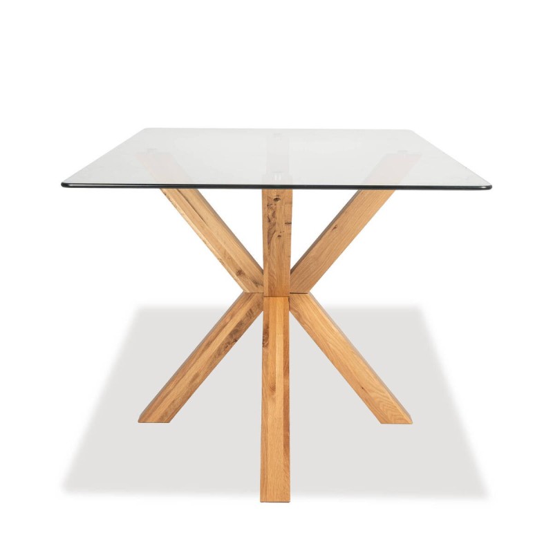 Cendra dining table with glass top and crossed oak legs 160x90x75cm