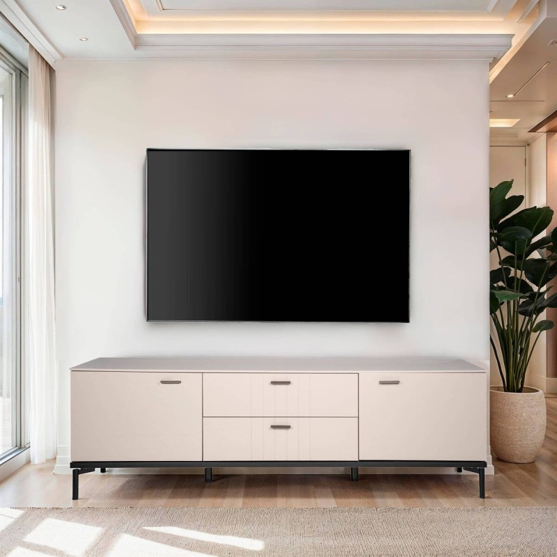 Volta TV unit, light grey lacquered finish with black legs, 187x47x60cm