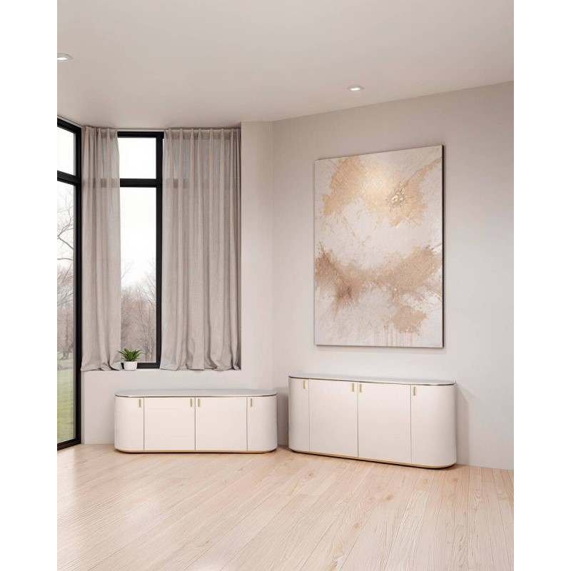 Hera oval TV stand, light grey lacquered with gold details, 174x47x61cm