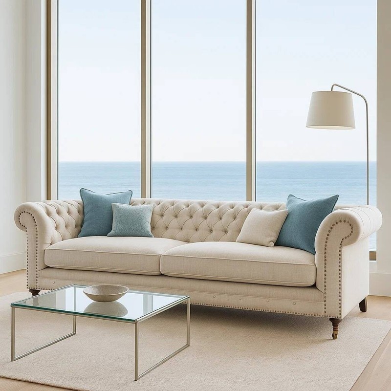 Beige silhouette sofa with front wheels, button tufting and studs, 229x96x76 cm