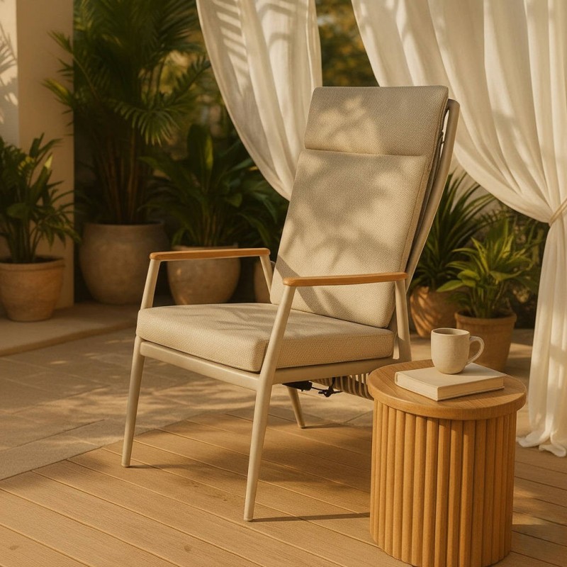 Larna reclining outdoor dining chair with teak arms