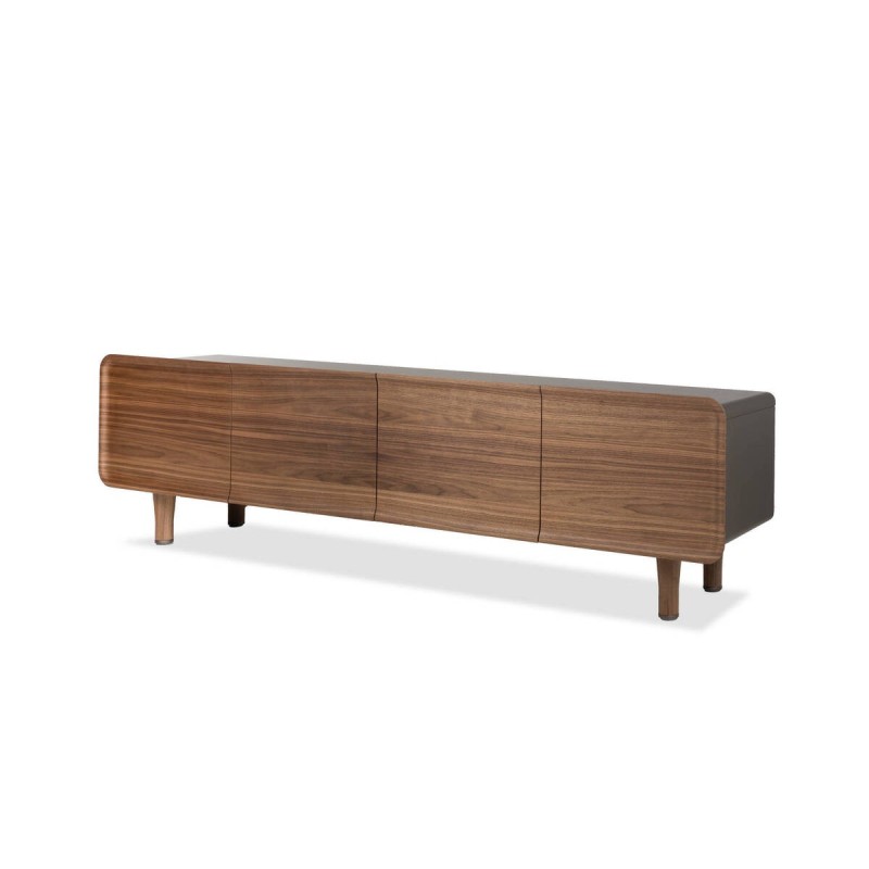 Lontar TV unit with curved walnut doors and brown metal frame