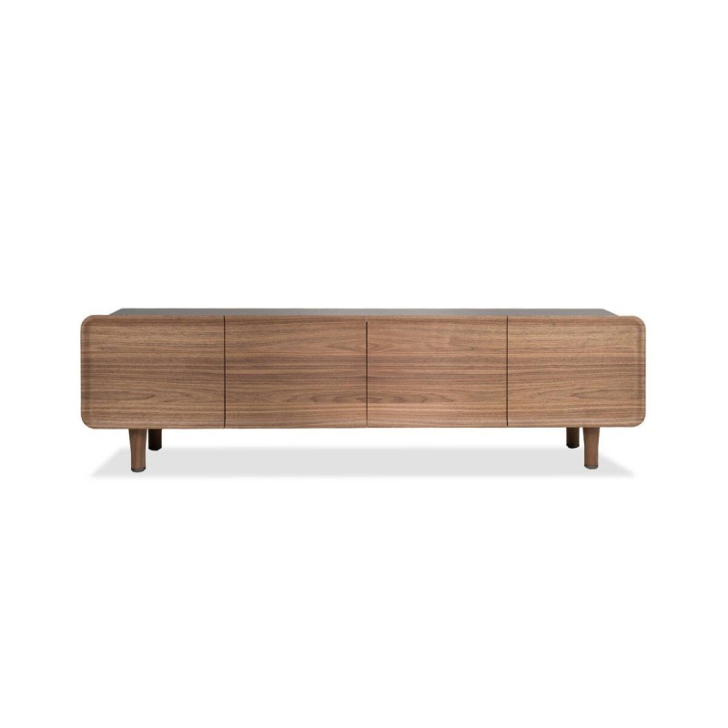 Lontar TV unit with curved walnut doors and brown metal frame