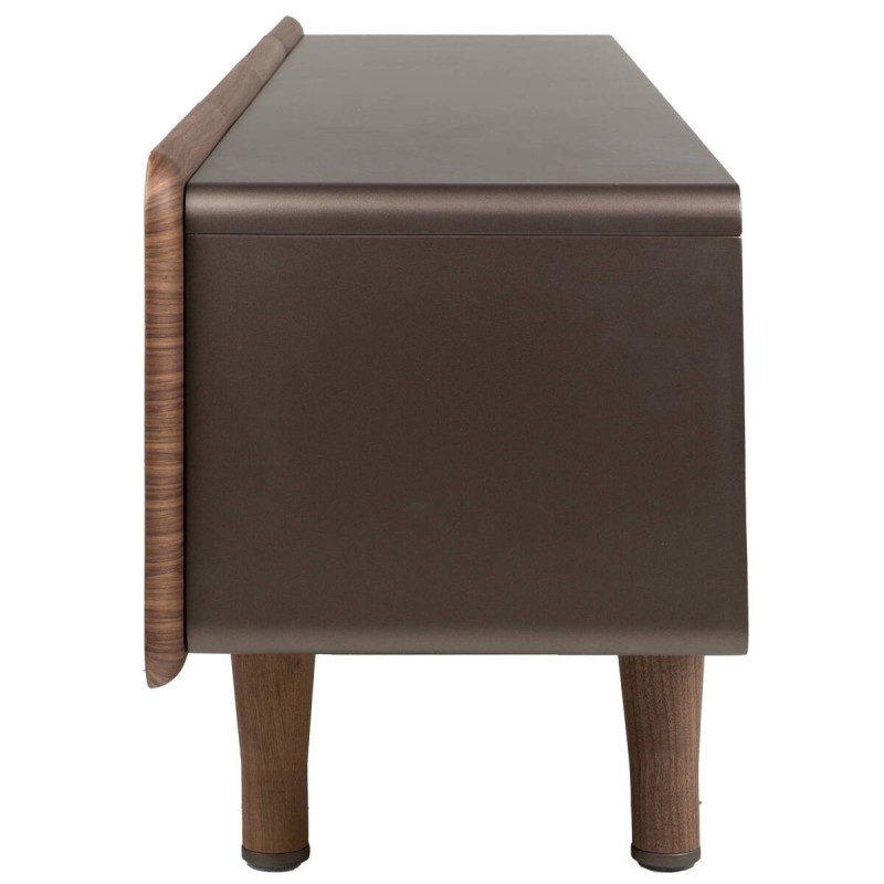 Lontar TV unit with curved walnut doors and brown metal frame