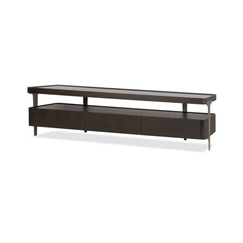 Mueble de tv bruma con tapa de cristal ahumado y chapa de fresno negro