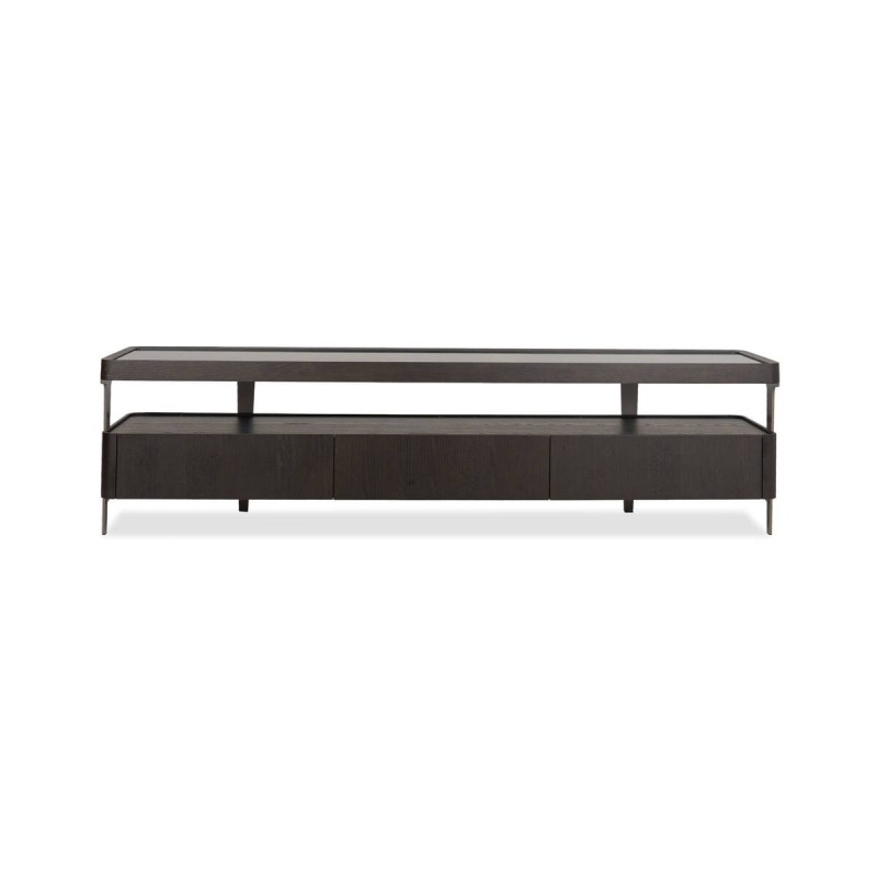 Mueble de tv bruma con tapa de cristal ahumado y chapa de fresno negro