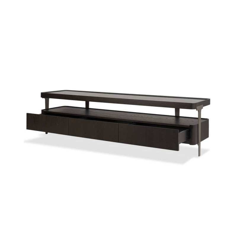 Mueble de tv bruma con tapa de cristal ahumado y chapa de fresno negro