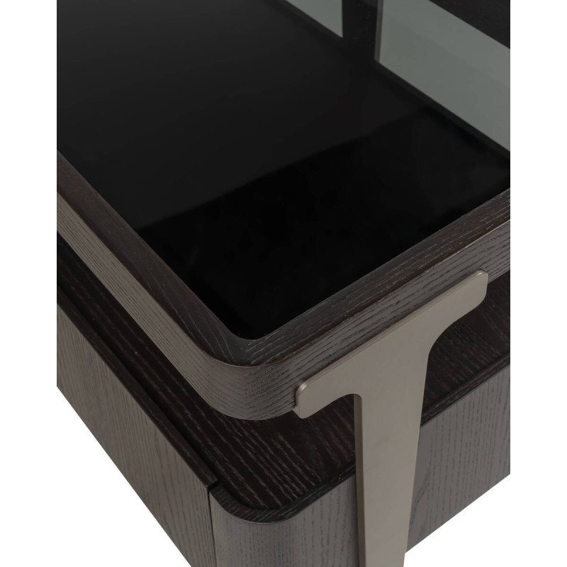 Mueble de tv bruma con tapa de cristal ahumado y chapa de fresno negro