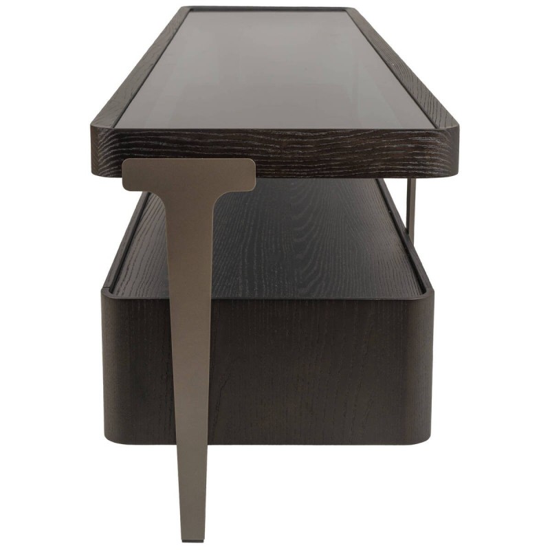 Mueble de tv bruma con tapa de cristal ahumado y chapa de fresno negro