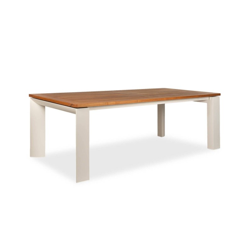 Mesa de comedor tayra con tapa de teca natural y patas de aluminio moka