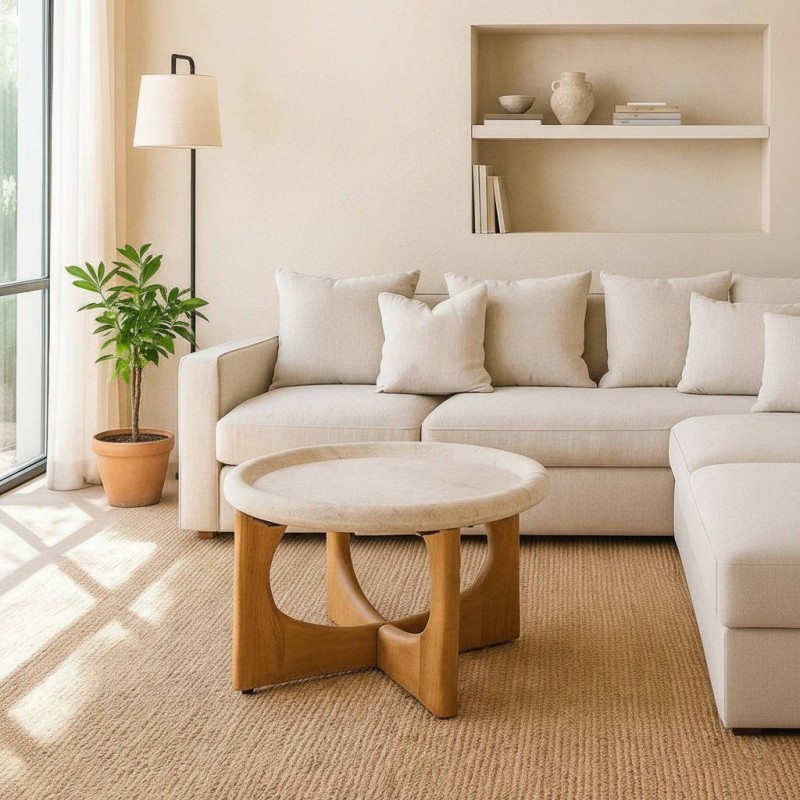 Mesa de centro Dune redonda piedra arenisca y madera de mango Ø 60 cm