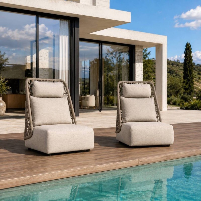 Sillón Vireo Exterior Aluminio Gris Seda y Cuerda Alto Respaldo